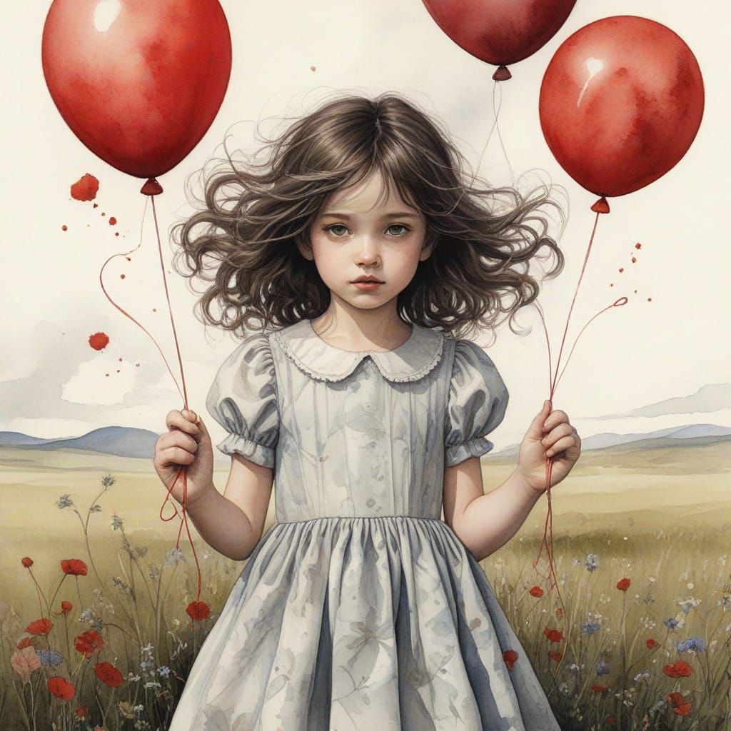 Child with Red Balloon in Nebular Watercolor