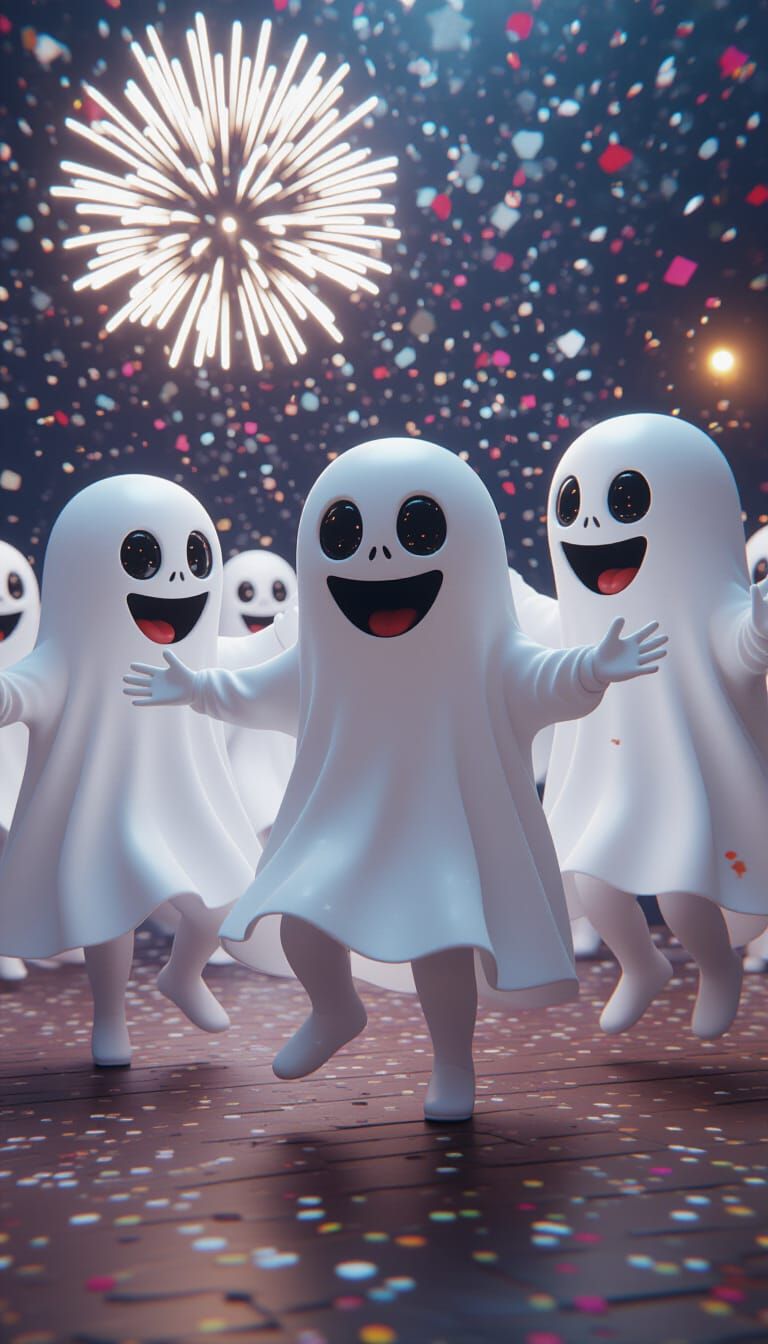 Cute Ghosts Dancing at a New Year's Eve Party with Fireworks