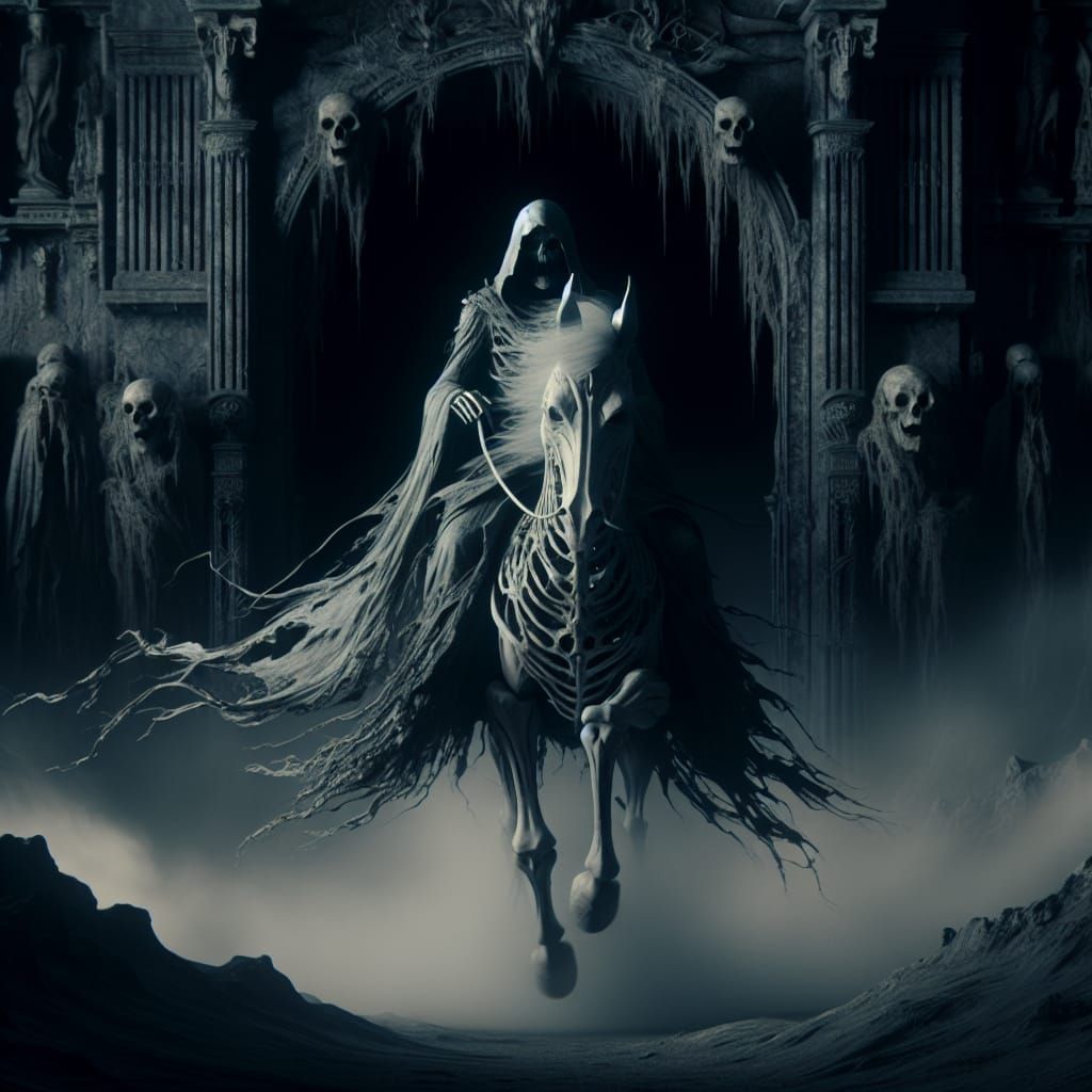 Leaving the Great Hall of the Dead He Embarks on His Dark Harvest