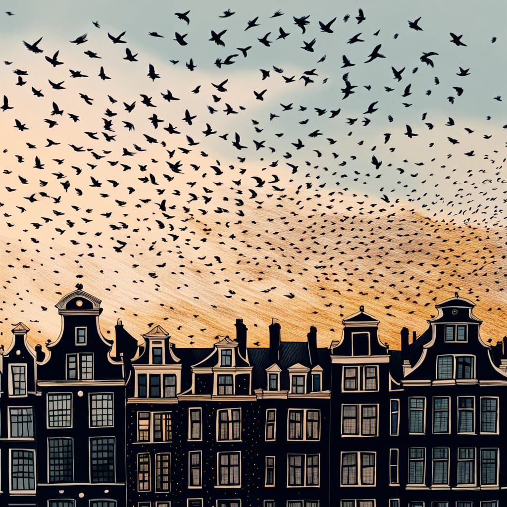 Sparrows Dance Above Amsterdam in Ink Drawing