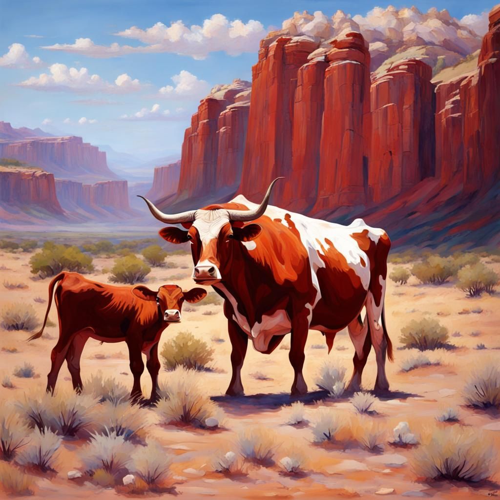 Red Rock Canyon with Longhorns in Western Art Style
