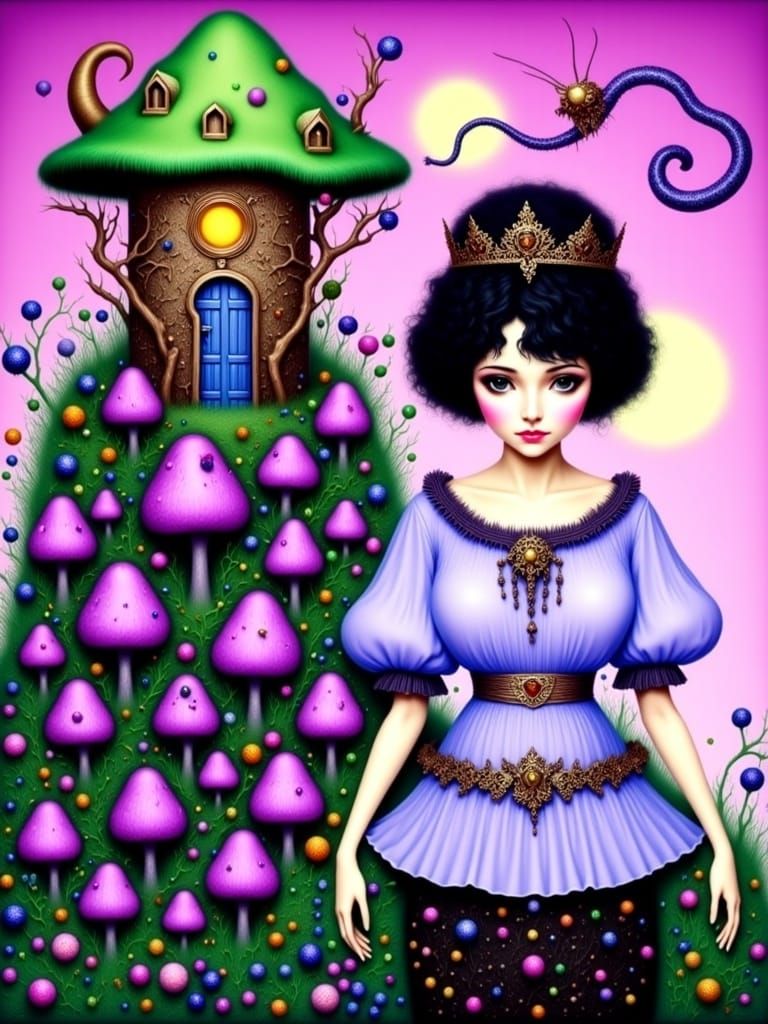 Woman with House on Head in Fairytale Style
