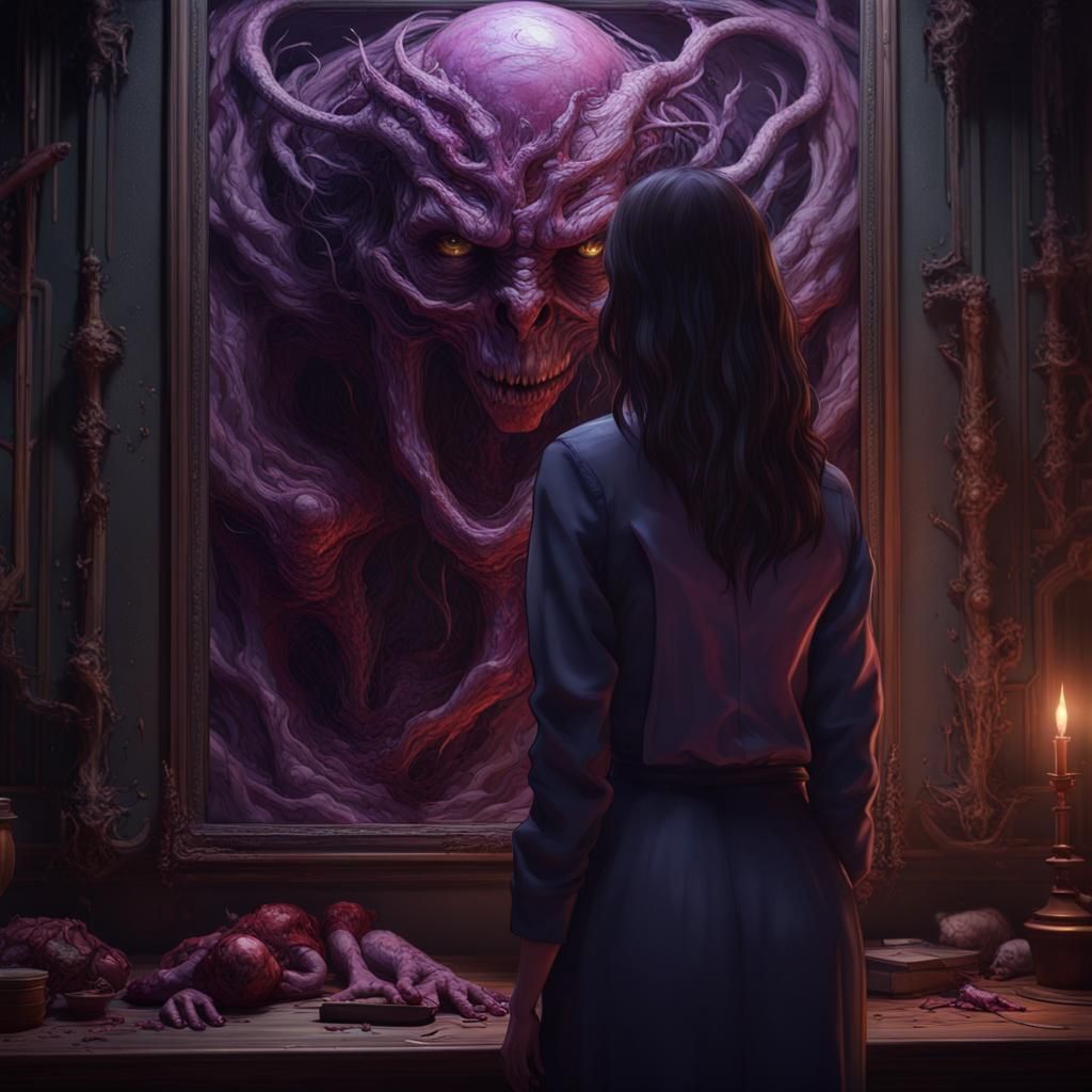 Disgusted Woman Viewing Horror Art in Dark Fantasy Style