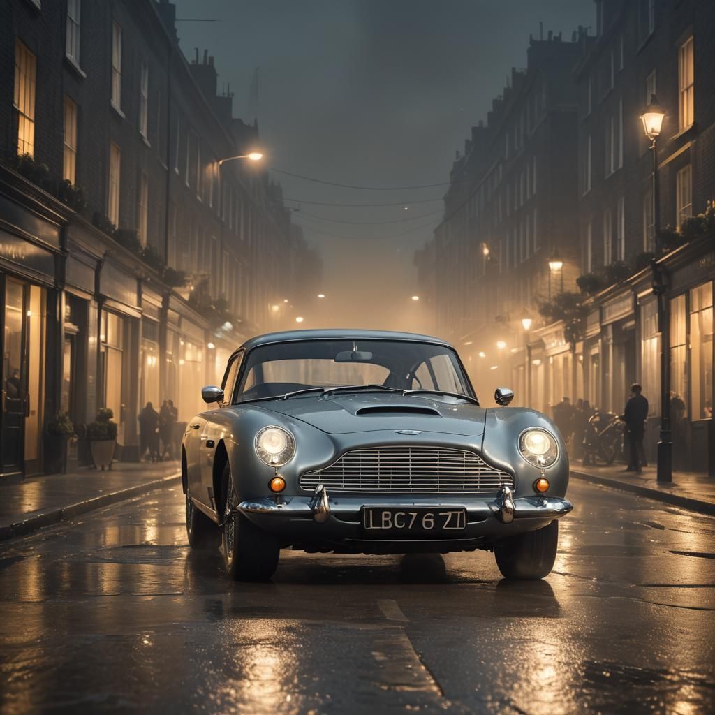 James Bond and Aston Martin in Misty London Night