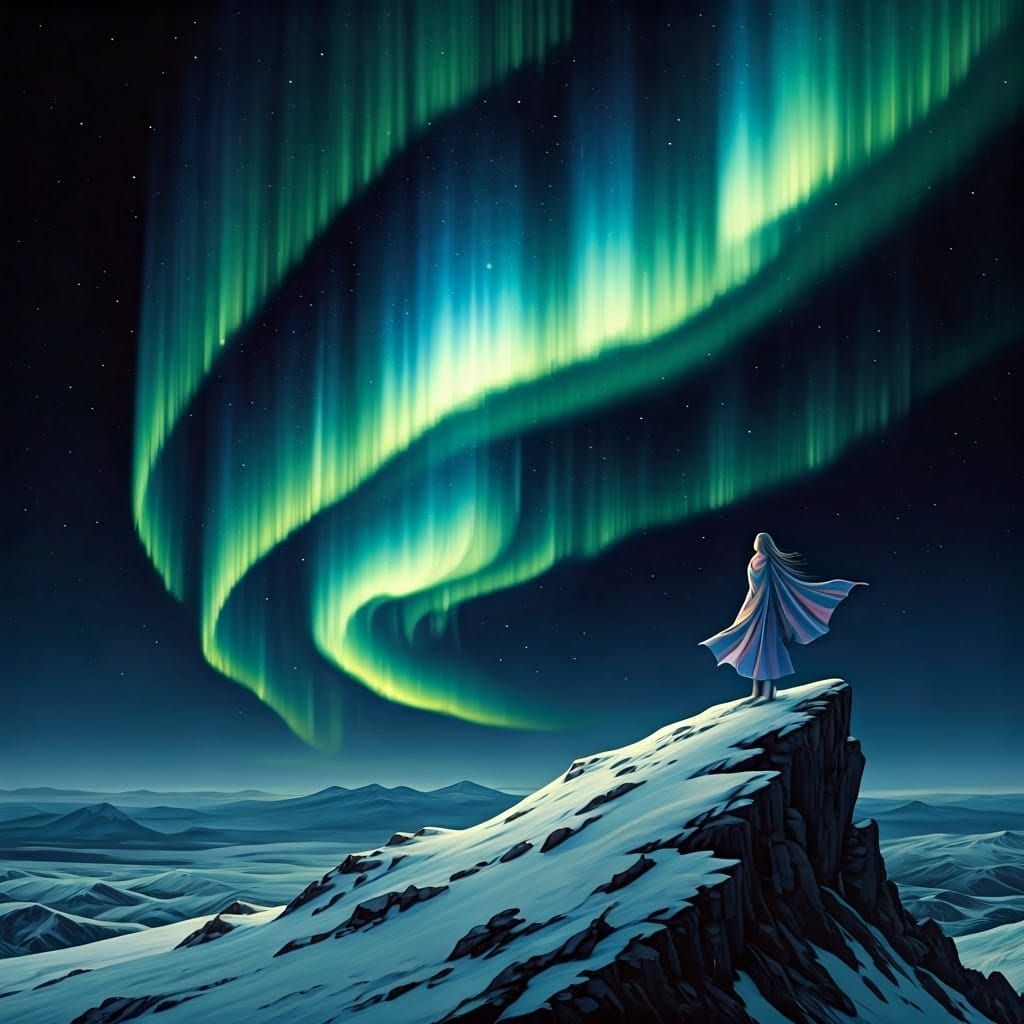 Dreamlike Woman Stares at Ethereal Aurora Sky
