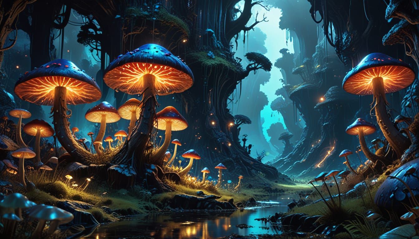 Glowing Mushrooms in Hidden Valley: Alcohol Ink Fantasy
