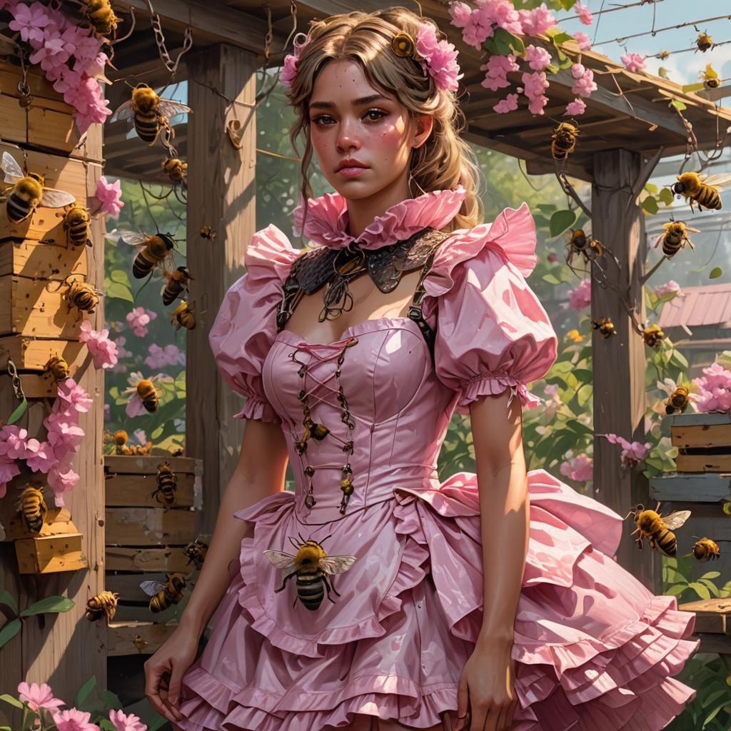 Man in Pink Dress with Beehives: Digital Portrait