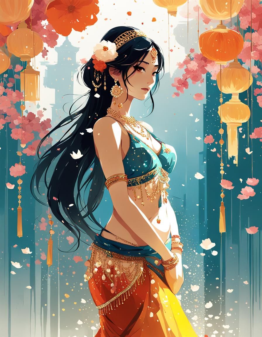 Anime Style Flower Girl Belly Dancer Illustration