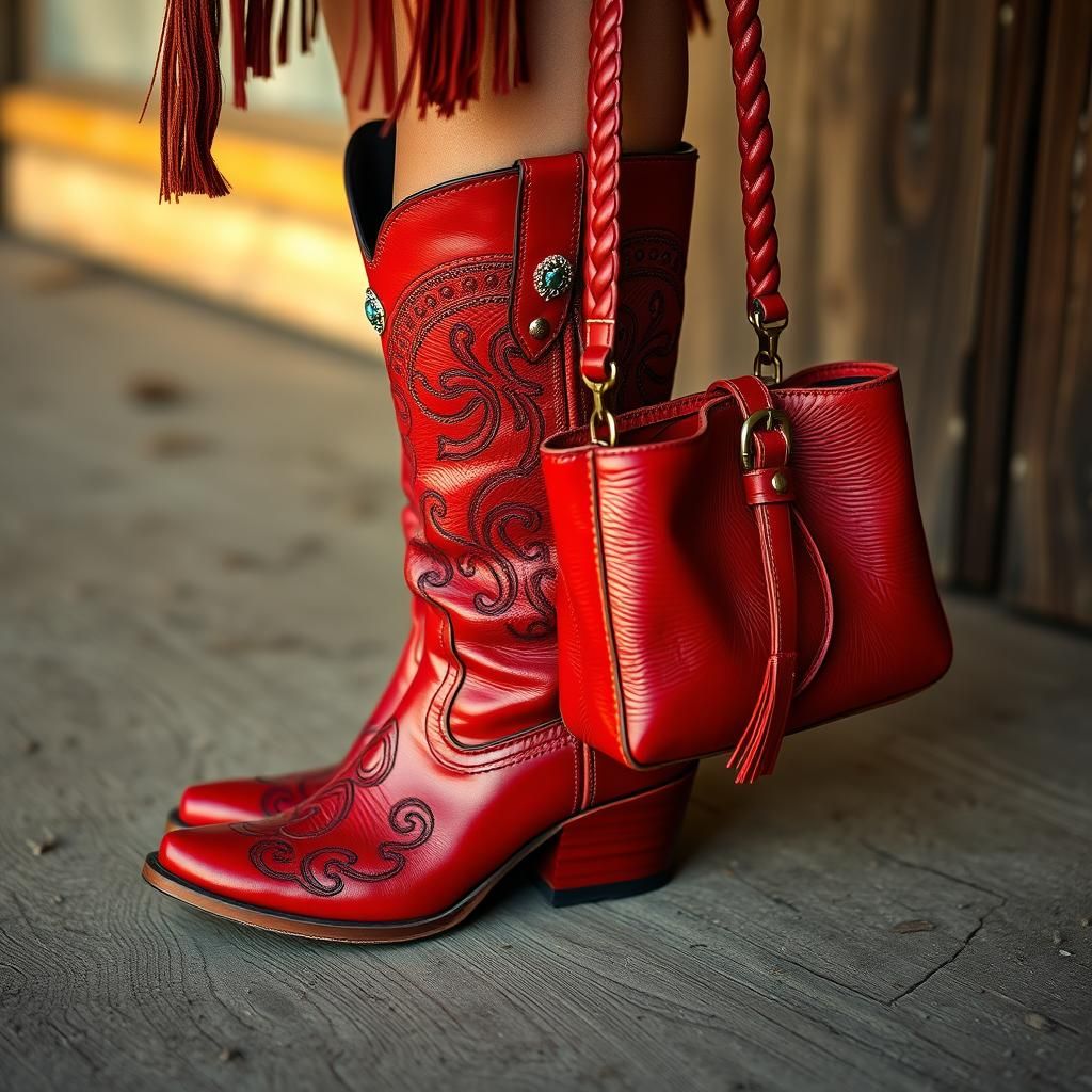 Red Cowboy Boots and Handbag in Rustic Style
