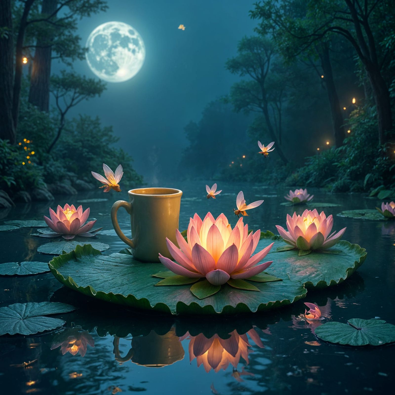 Whimsical Moonlit Cafe on Floating Lily Pad
