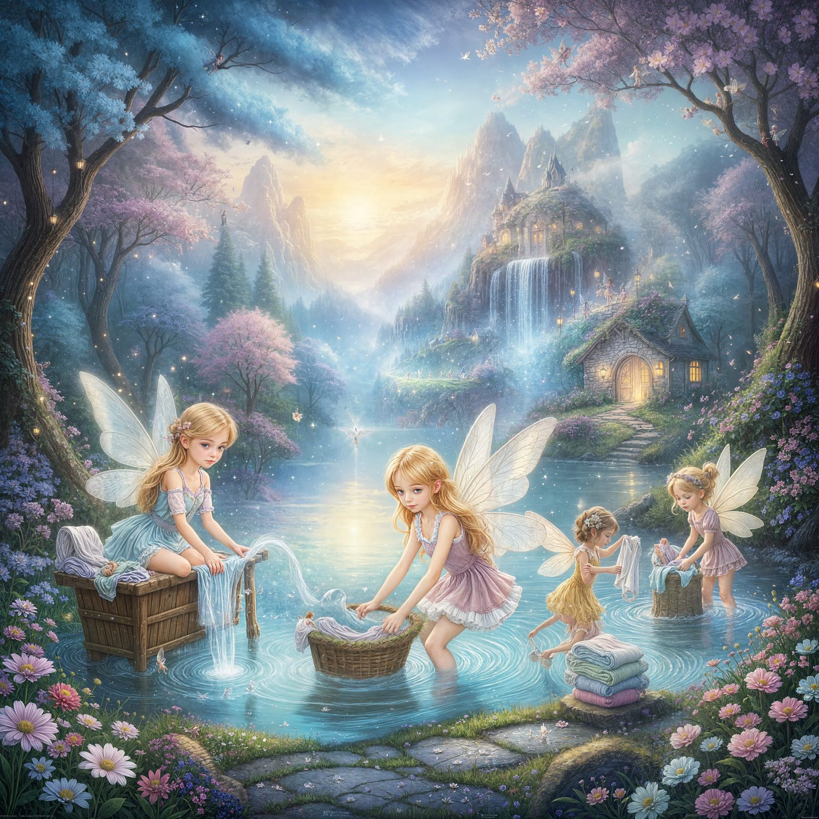 Tiny Fairies Doing Laundry in Ethereal Mist