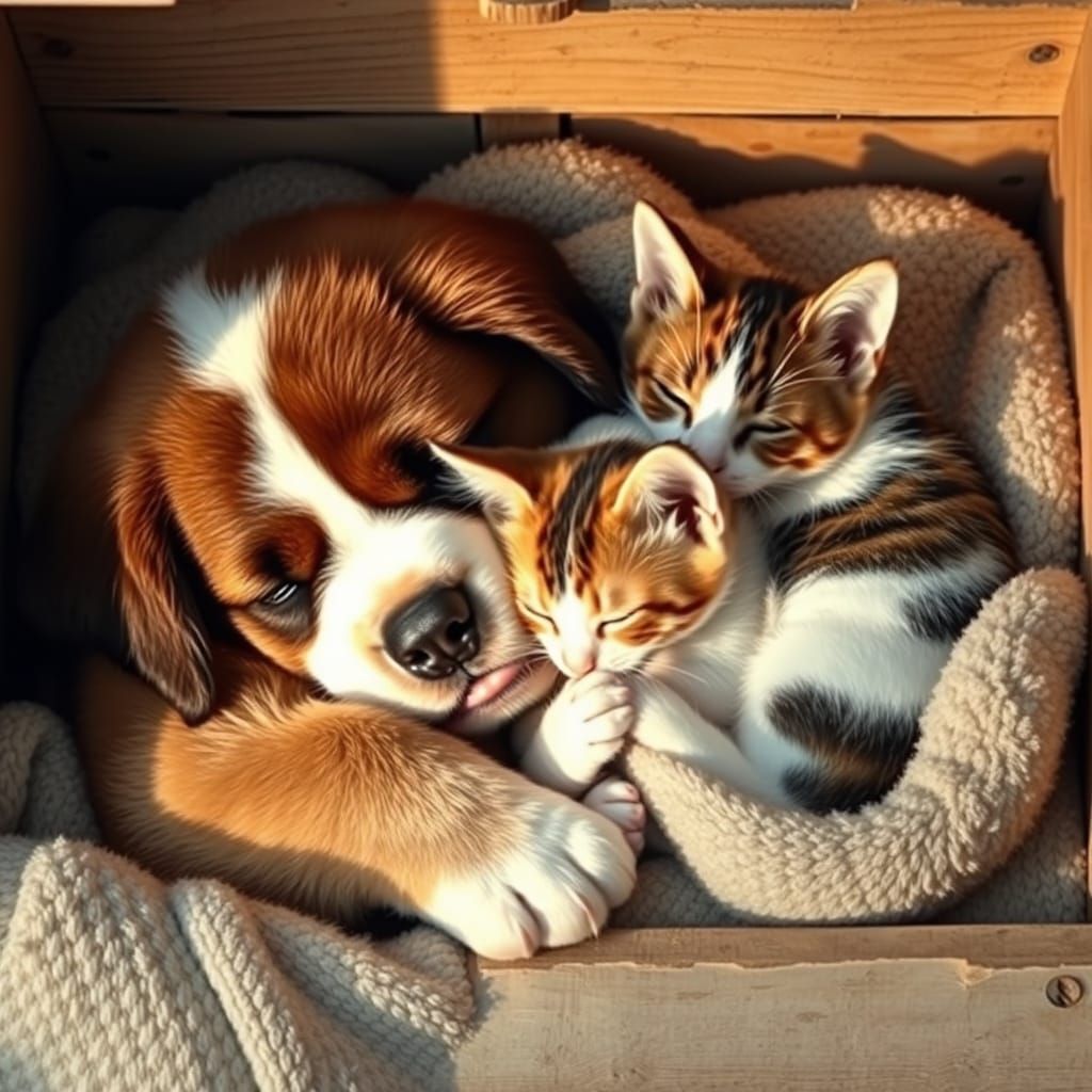 Serenely Sleeping St. Bernard Puppy and Calico Kitten