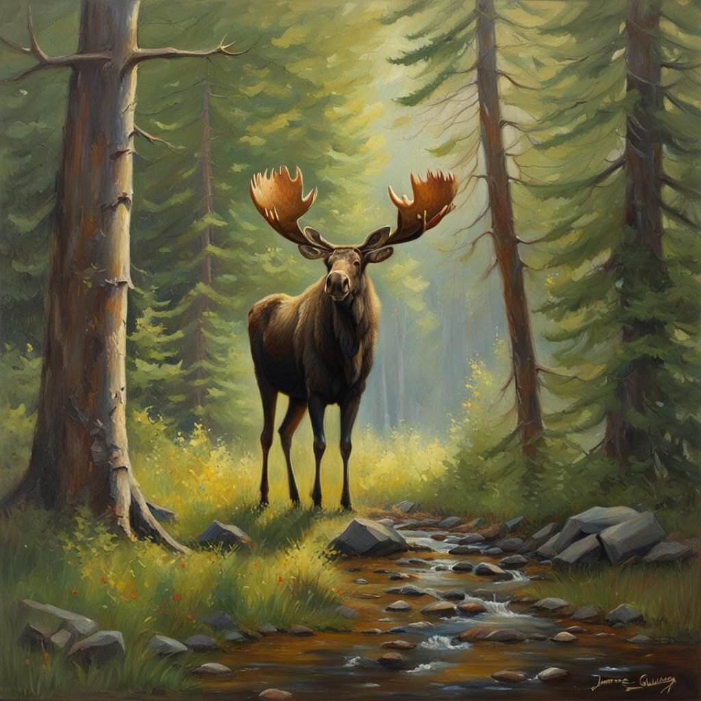 Moose Eating Apple: Oil Painting