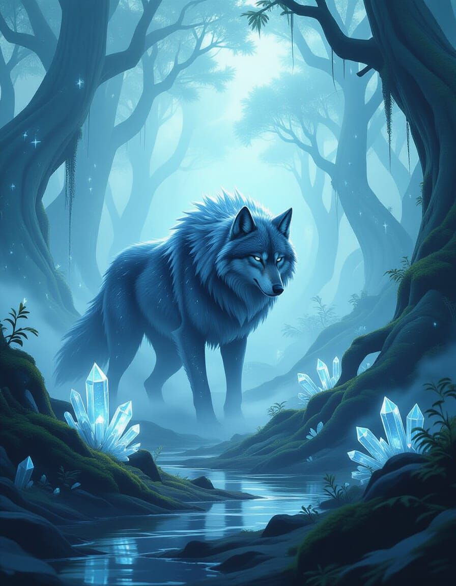 Spectral Wolf in Bioluminescent Alien Forest