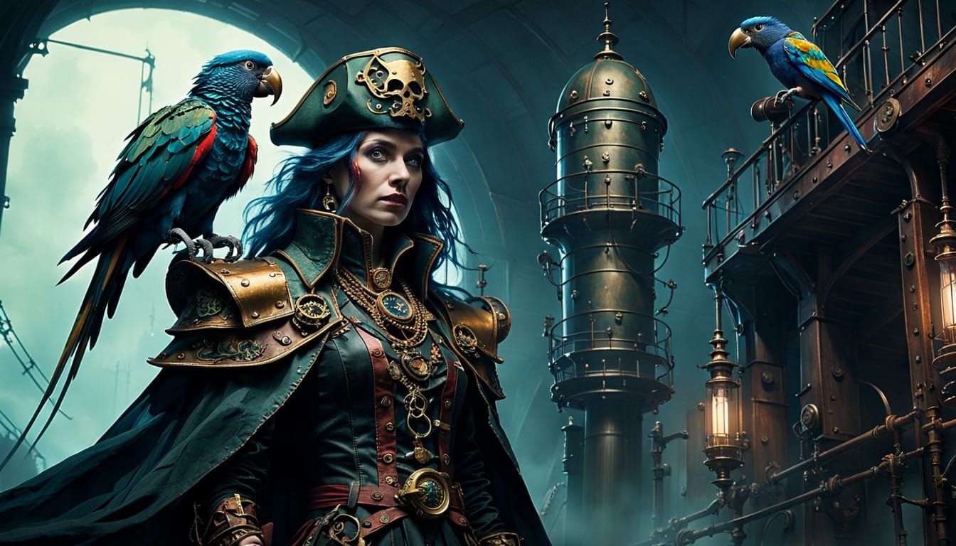 Steampunk Pirate Queen with Majestic Parrot