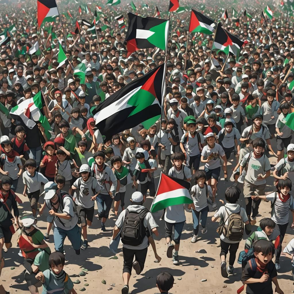 Children Running with Palestine Flag in Anime Style