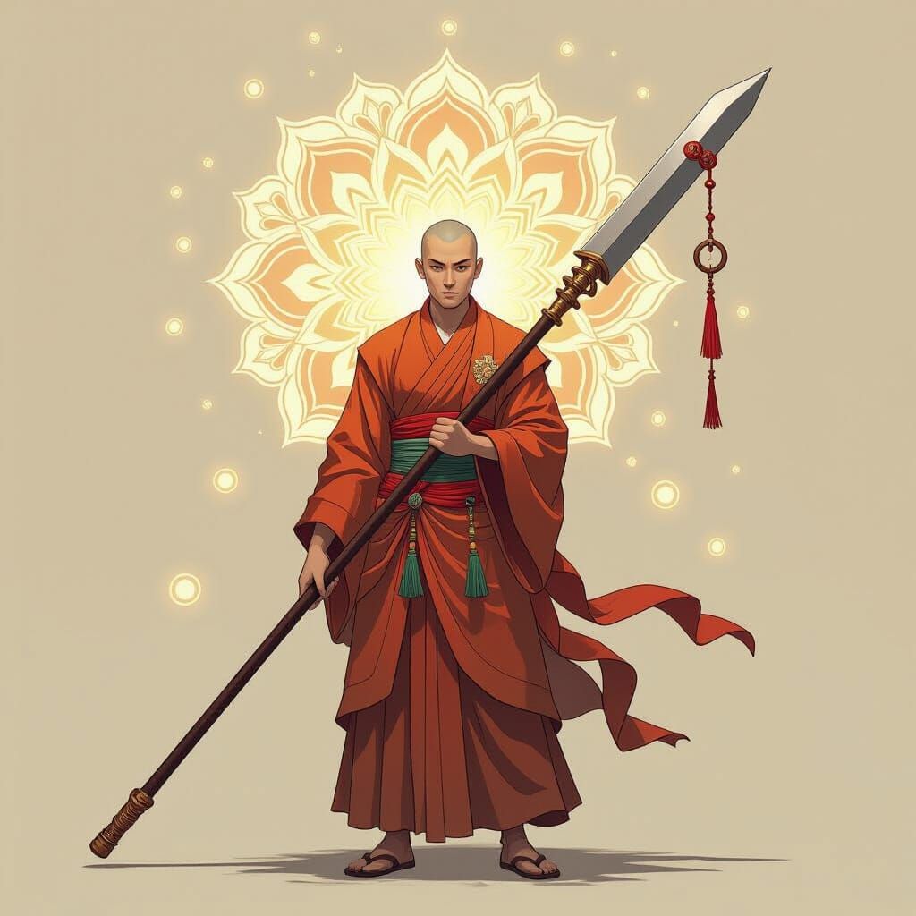 Spiritual Shakujo Staff with Naginata Blade and Chime Rings