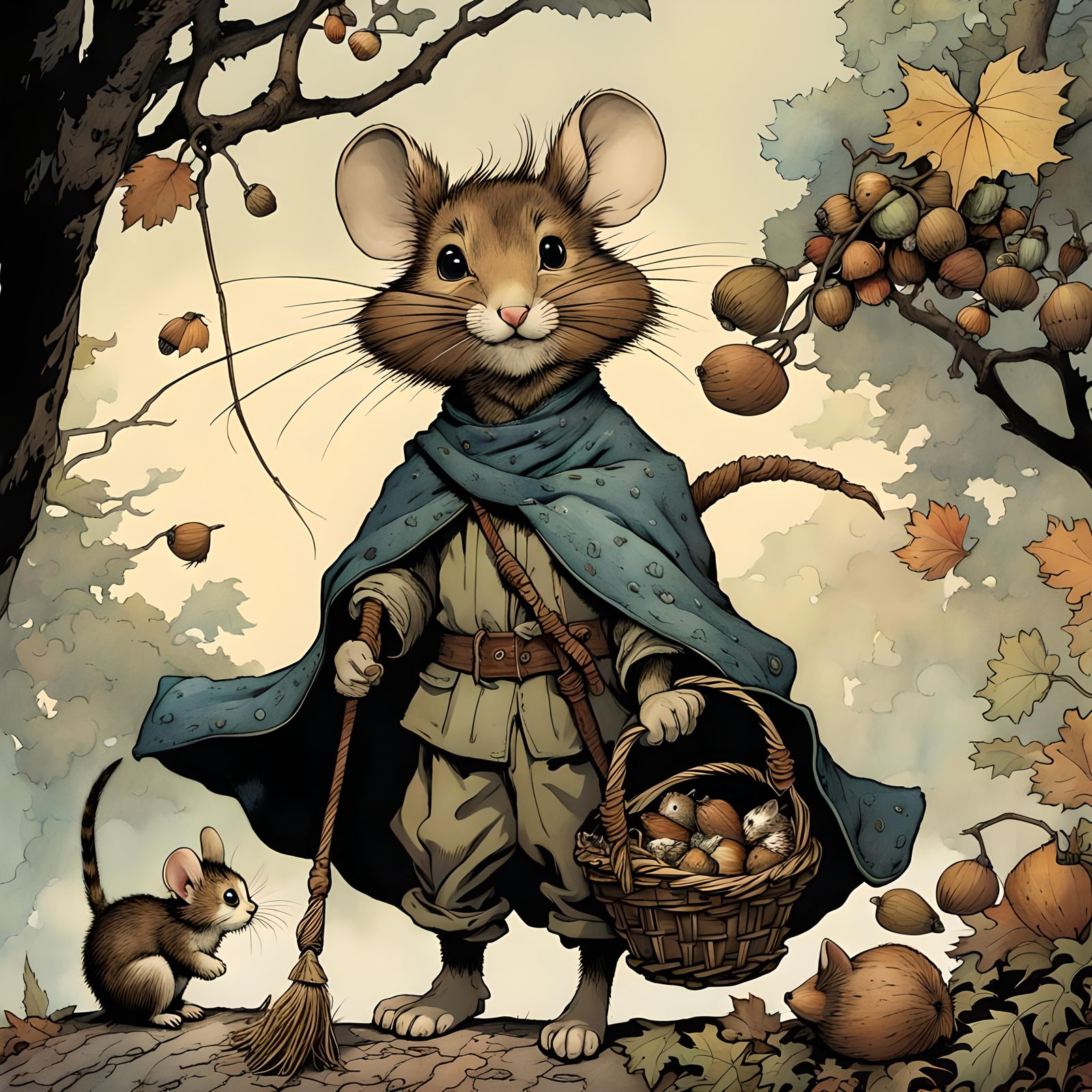 Mouse and Kitten Gathering Acorns, Storybook Illustration