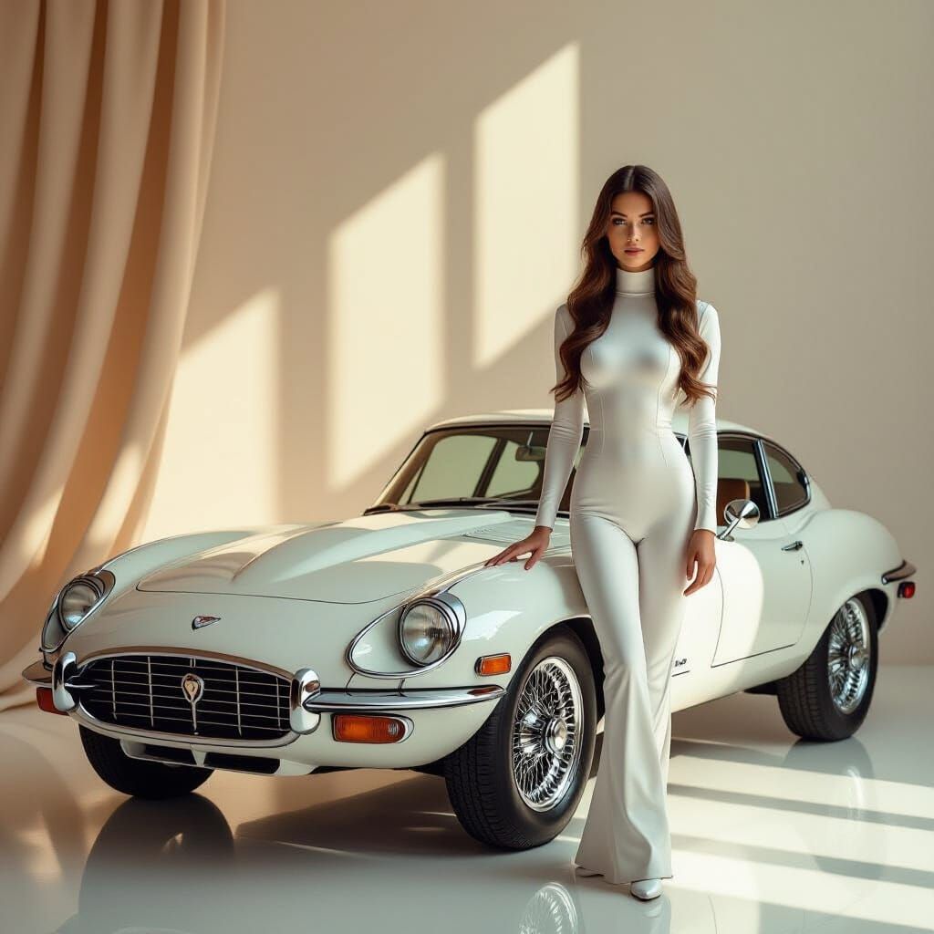 Brunette Woman with Jaguar E-Type: Hyperrealistic Studio Por...