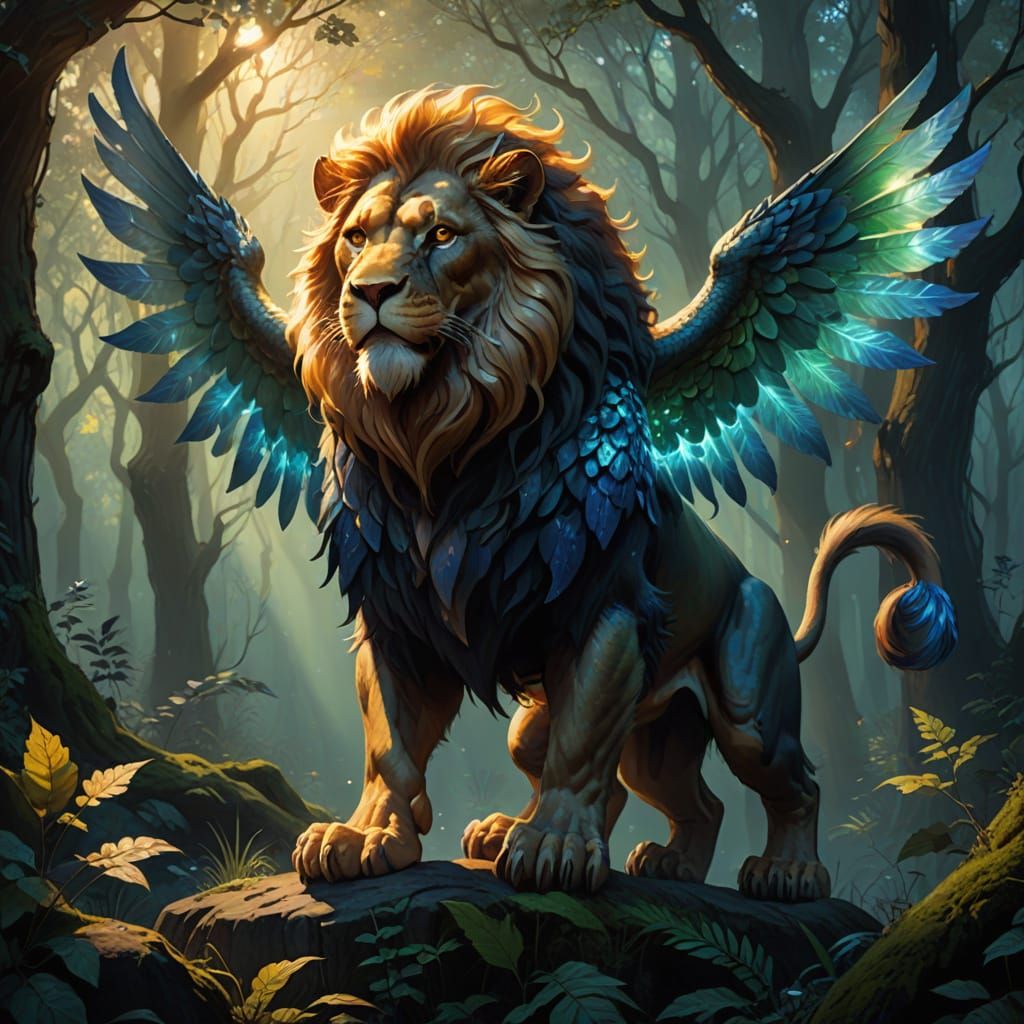 Mystical Manticore Illuminated in a Dark Forest