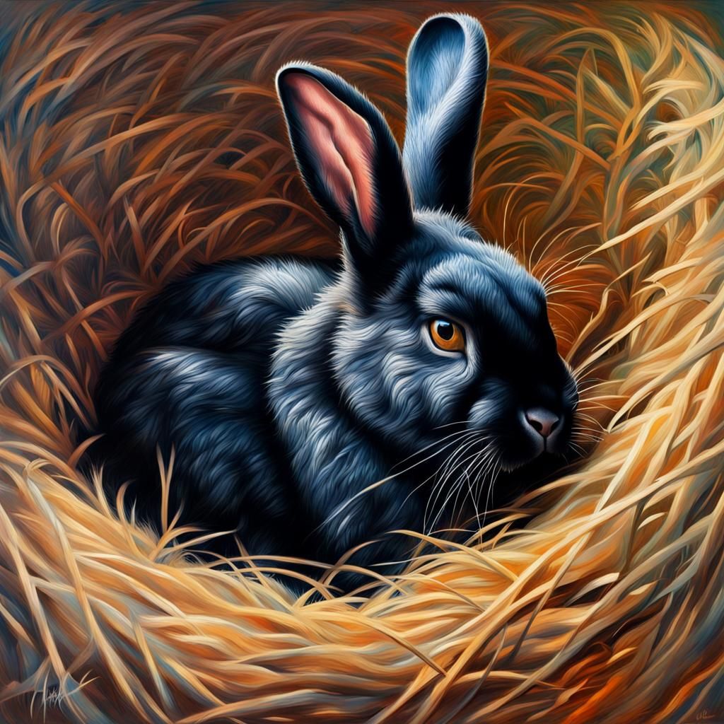 Black Rabbit Sleeping in Hay, Neo-Impressionist Style