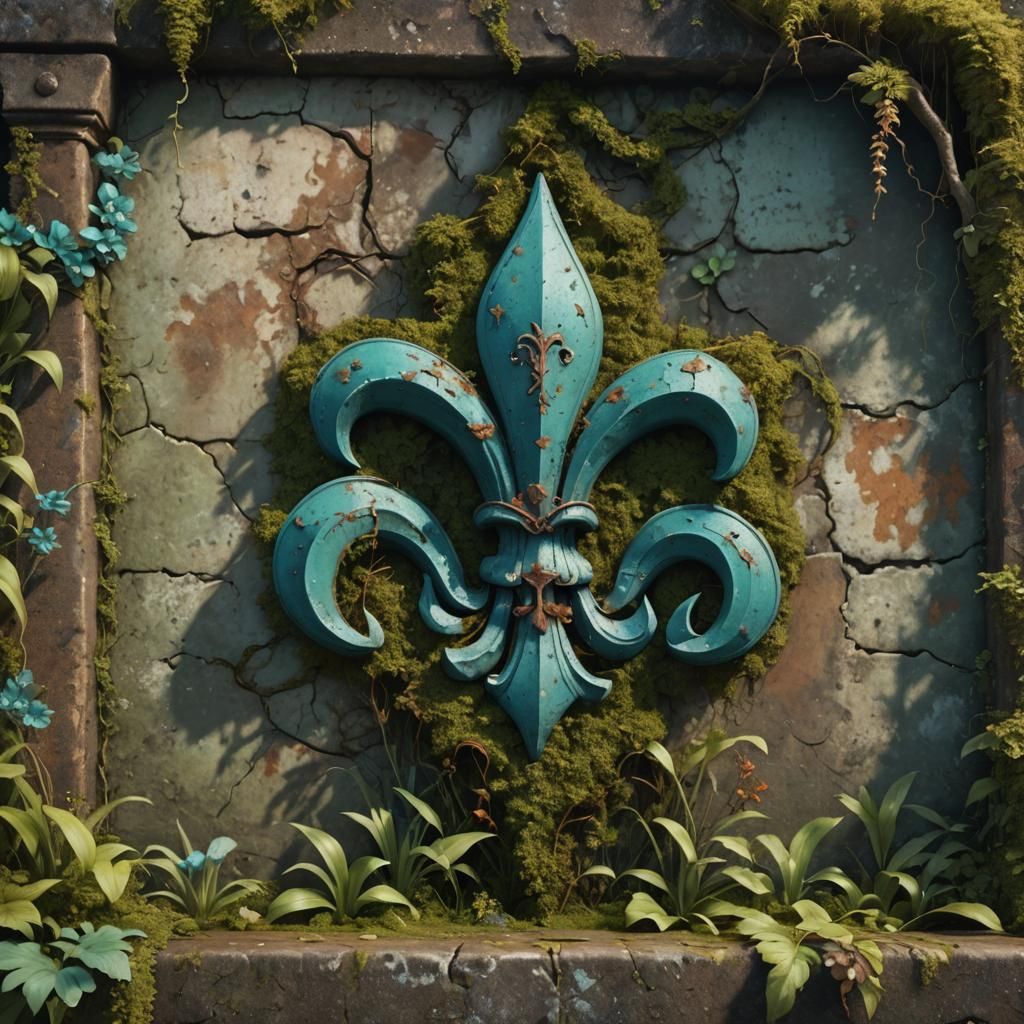 Teal Fleur de Lis on Mossy Wall: Detailed Digital Painting