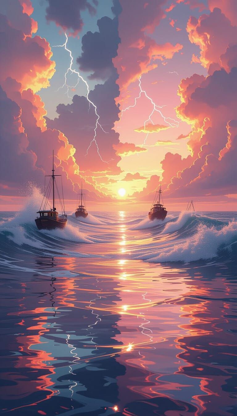 Ocean's Duality: Calm Sunset Meets Raging Tempest