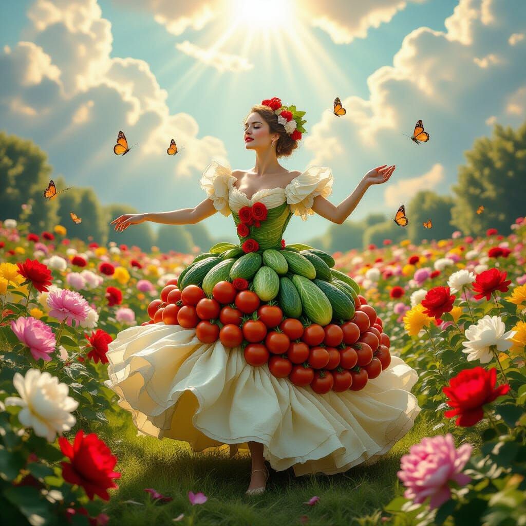 Vegetable Woman Dancing in Peony Garden, Arcimboldo Style