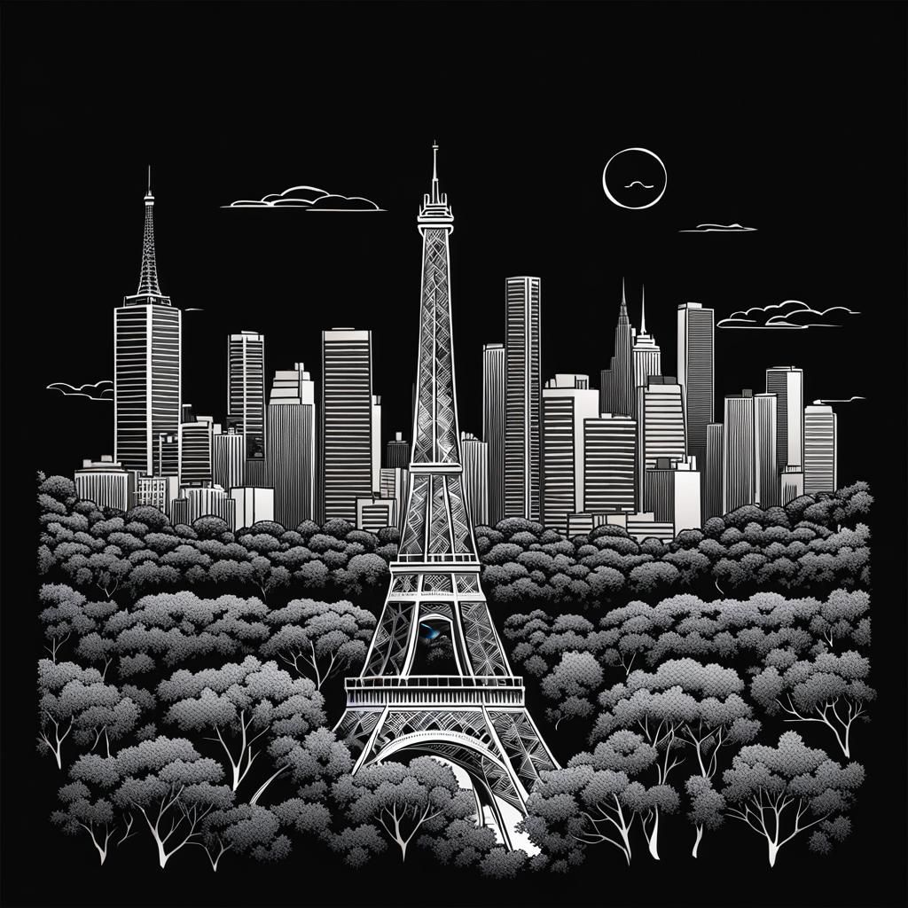 Elegant Parisian Landmark with Trees in Monochromatic Line A...