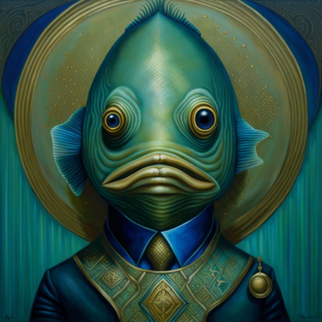 Surreal Oil Portrait of an Anthropomorphic Fish Priest