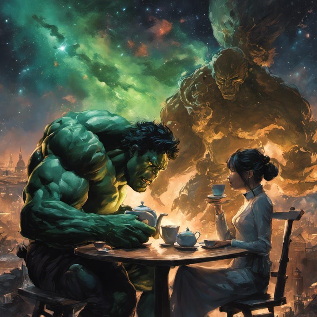 Hulk and Princess Tea Party, Detailed Digital Art