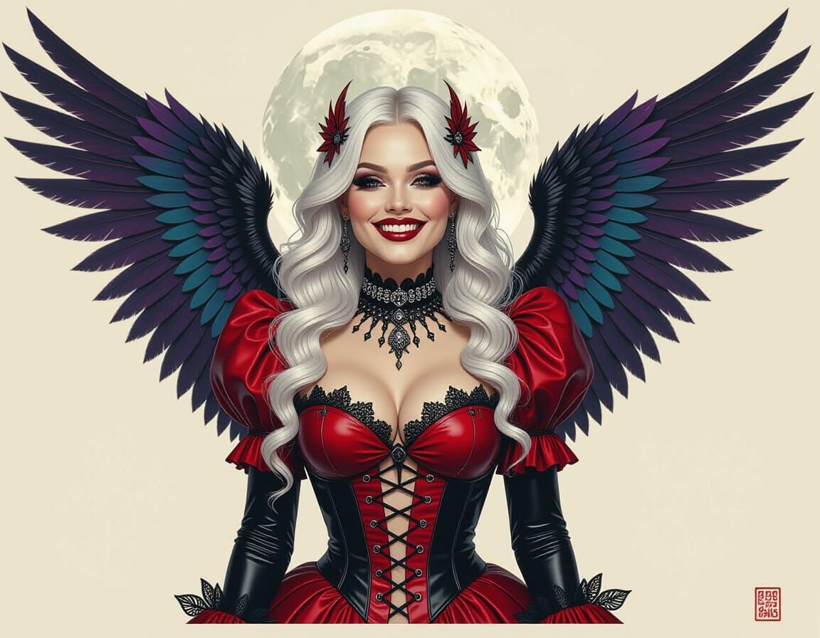 Gothic Woman with Rainbow Wings in Moonlit Woods