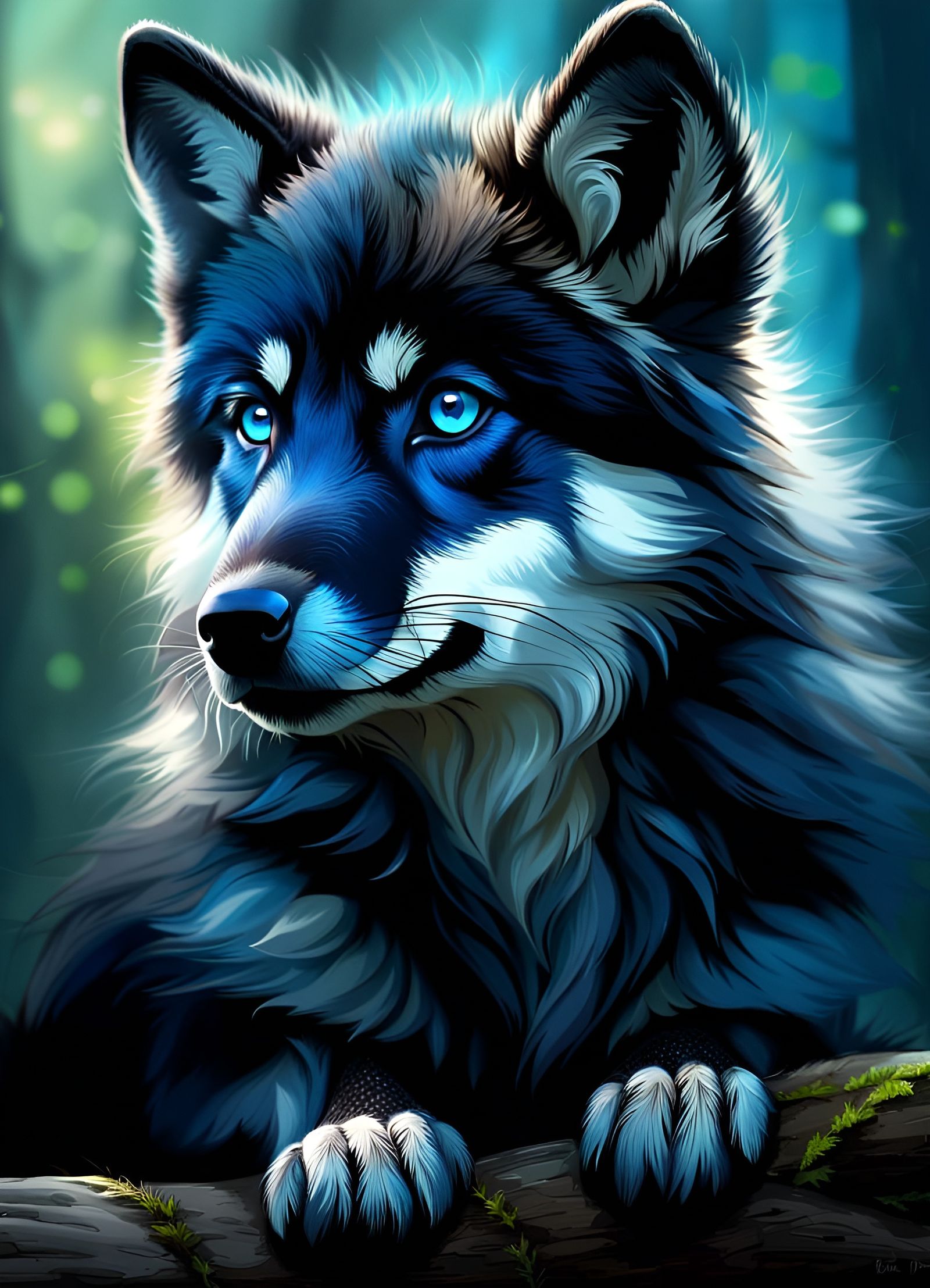 Adorable Fluffy Wolf Pup in Forest, Realistic Photo