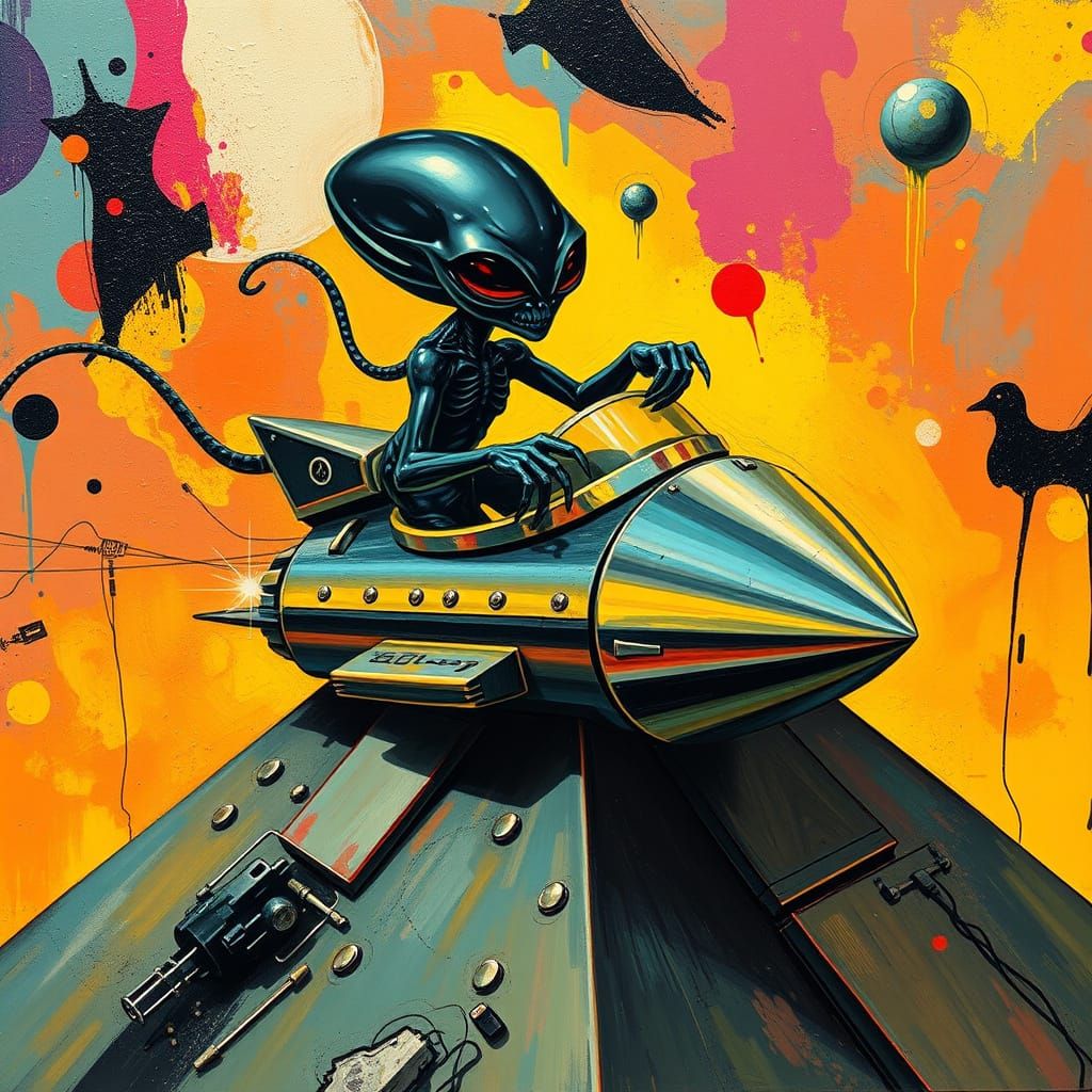 Slimy Alien Pilot in Rocket Ship on Pyramid