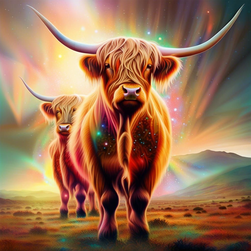 Highland Cows with Bells: Cosmic Illustration