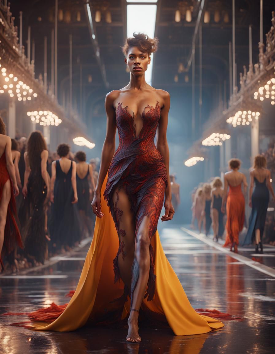 Hyperrealistic Supermodel on Catwalk in Detailed Matte Paint...