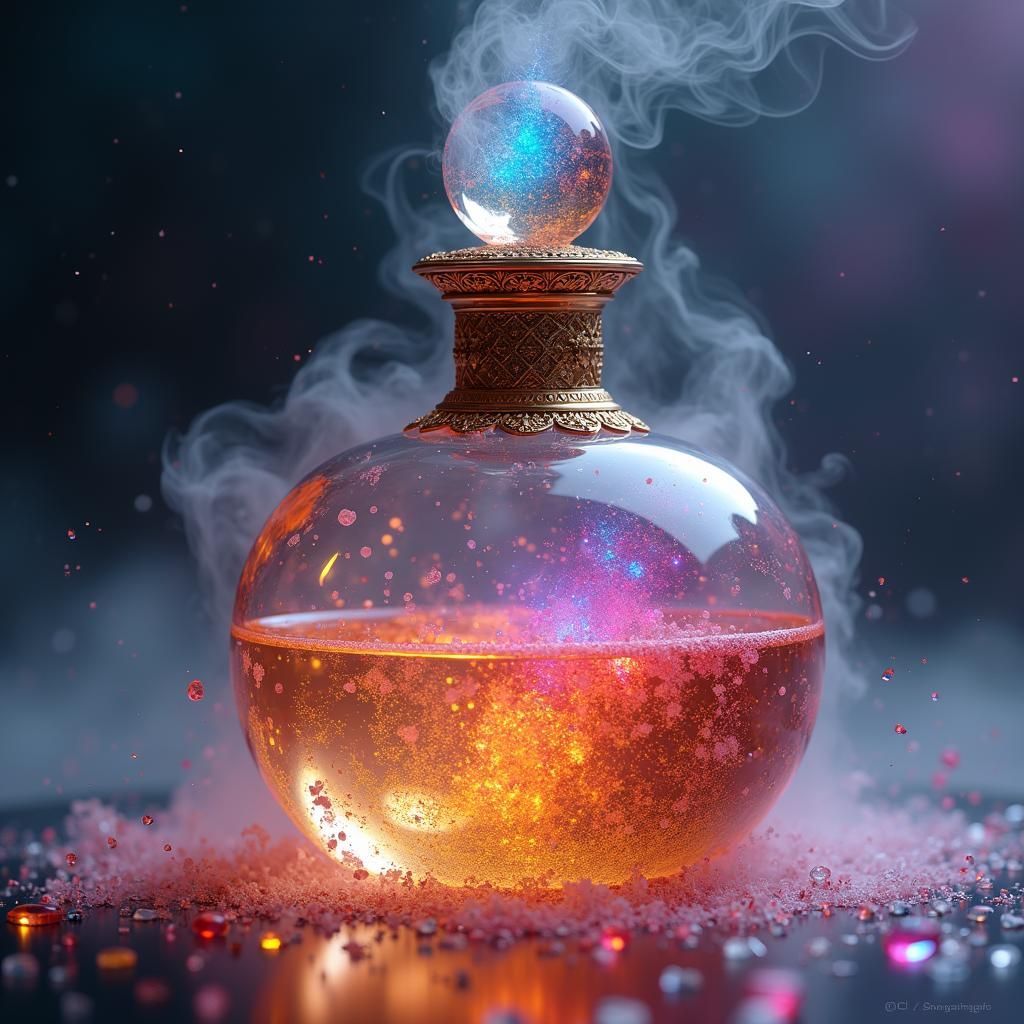Ornate Bottle Overflowing with Iridescent Potion