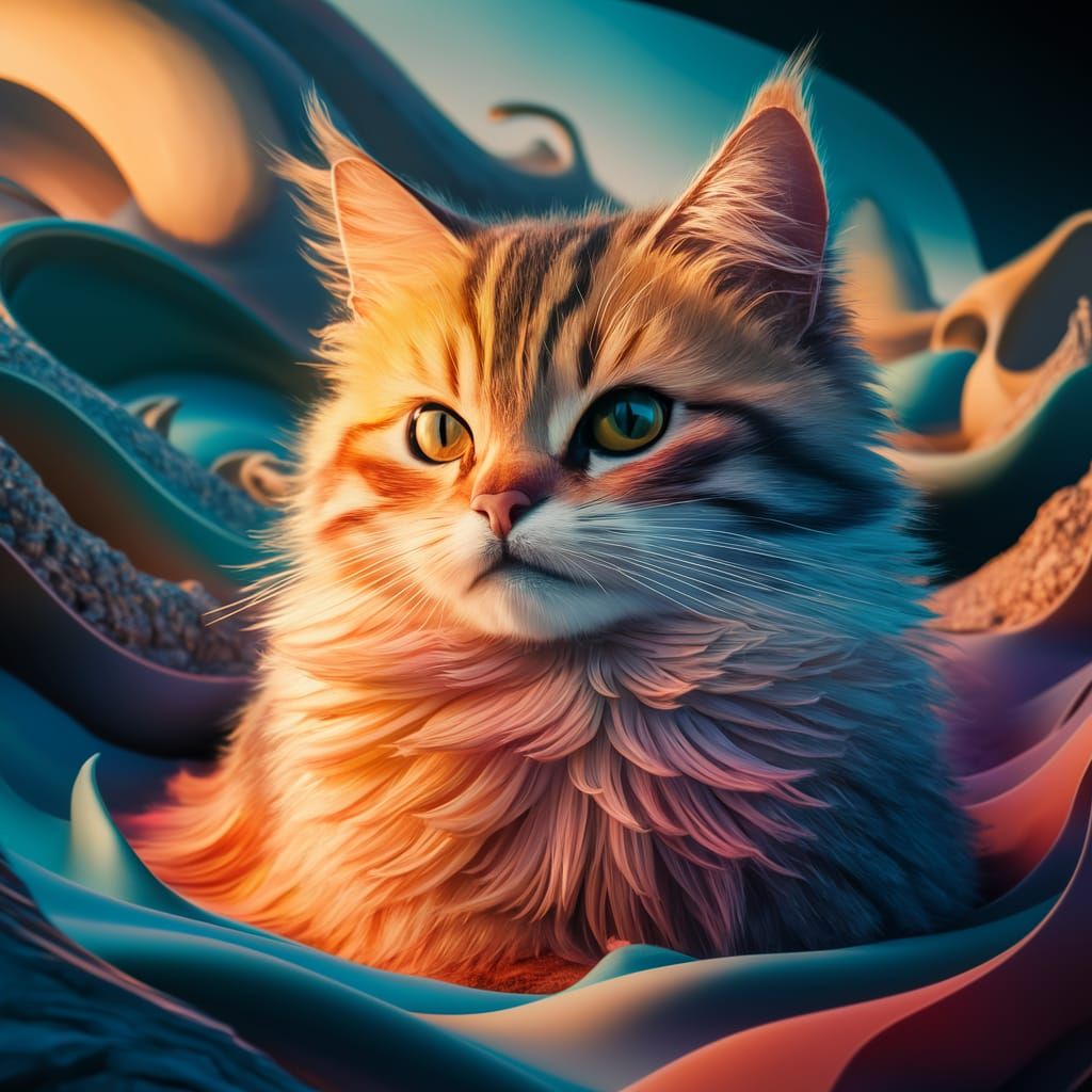 Colorful Feline in Dreamlike Landscape, Fractal Abstract Des...