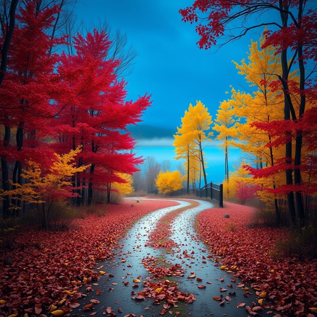 Rain-Kissed Path Through Autumnal Forest