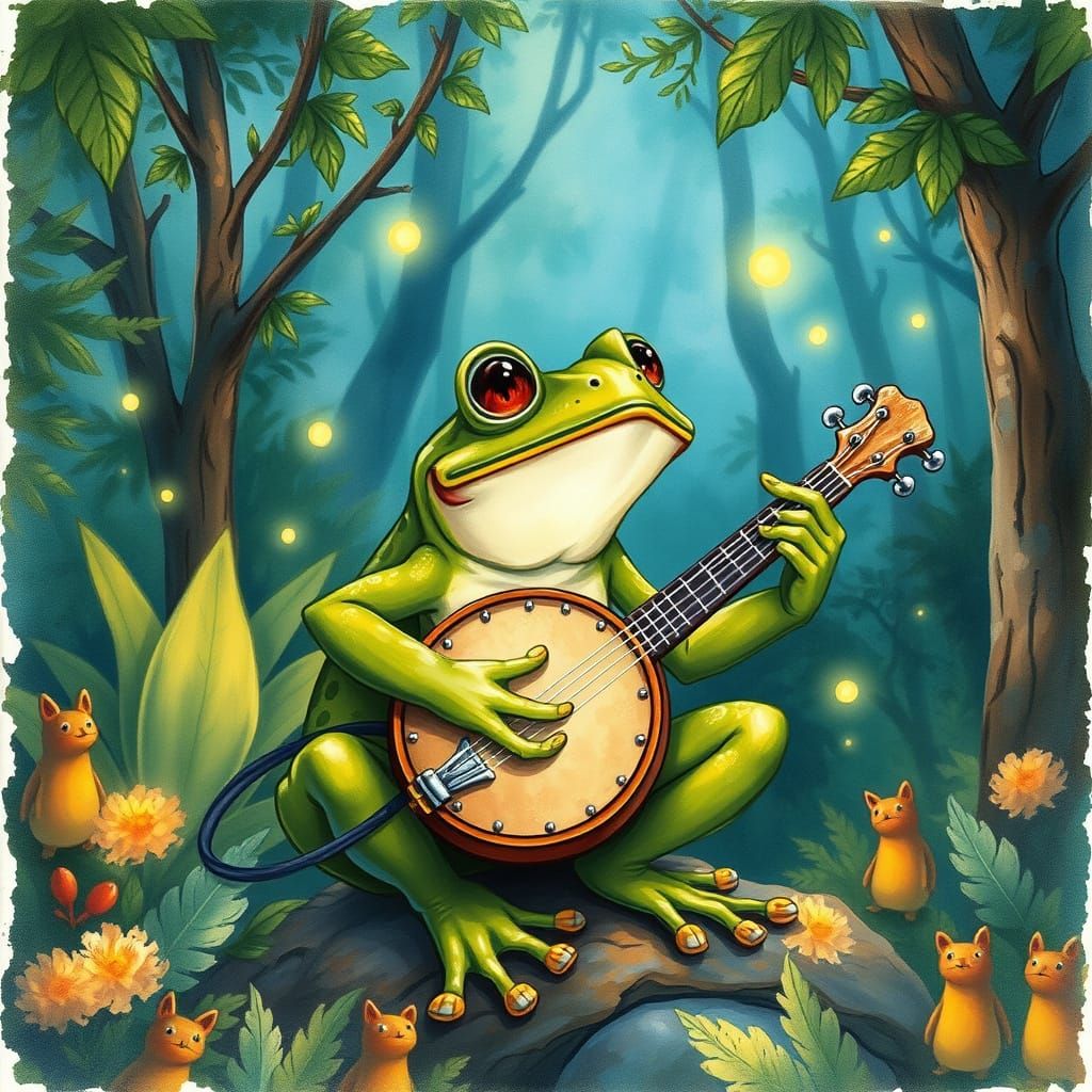 Frog's Banjo Serenade in Watercolor Style