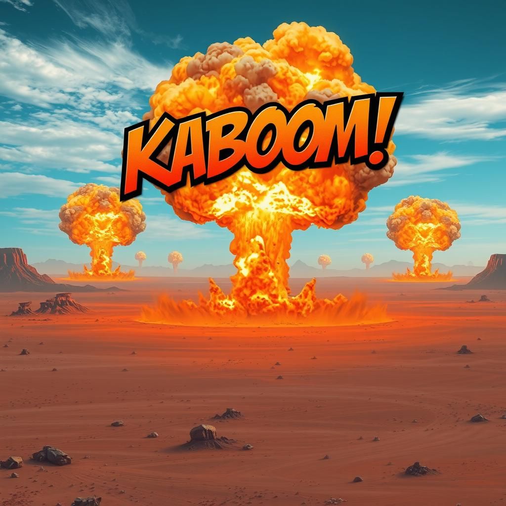 Explosions in Desert with Mushroom Clouds and "KABOOM"