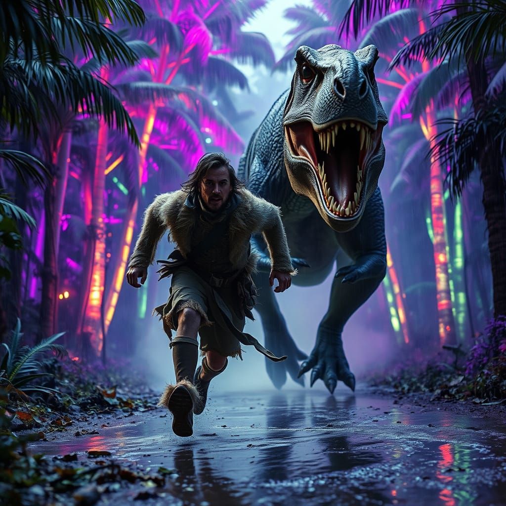 T-Rex Chase in Fluorescent Paleolithic Rainforest