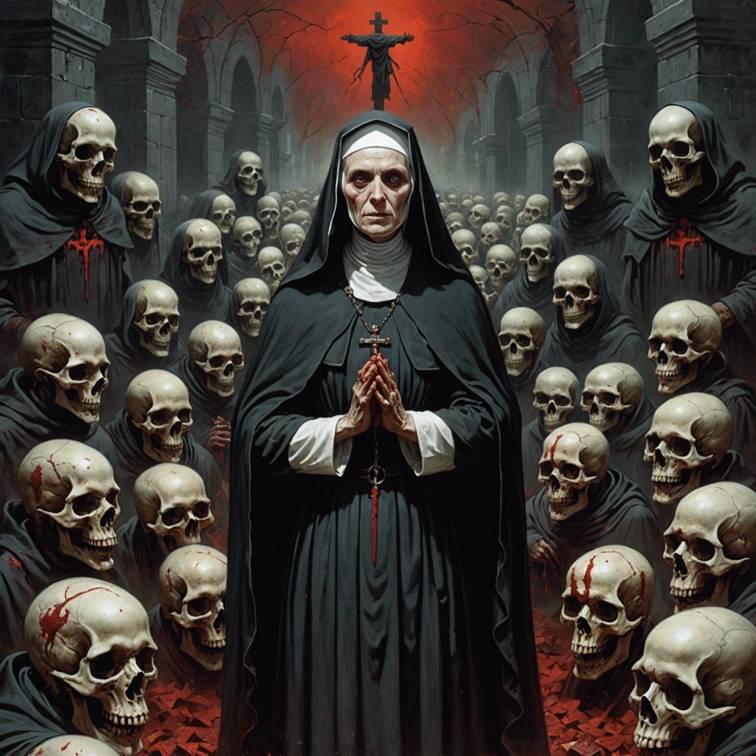 Horror Nun in Skulls, Gothic Engraving Style