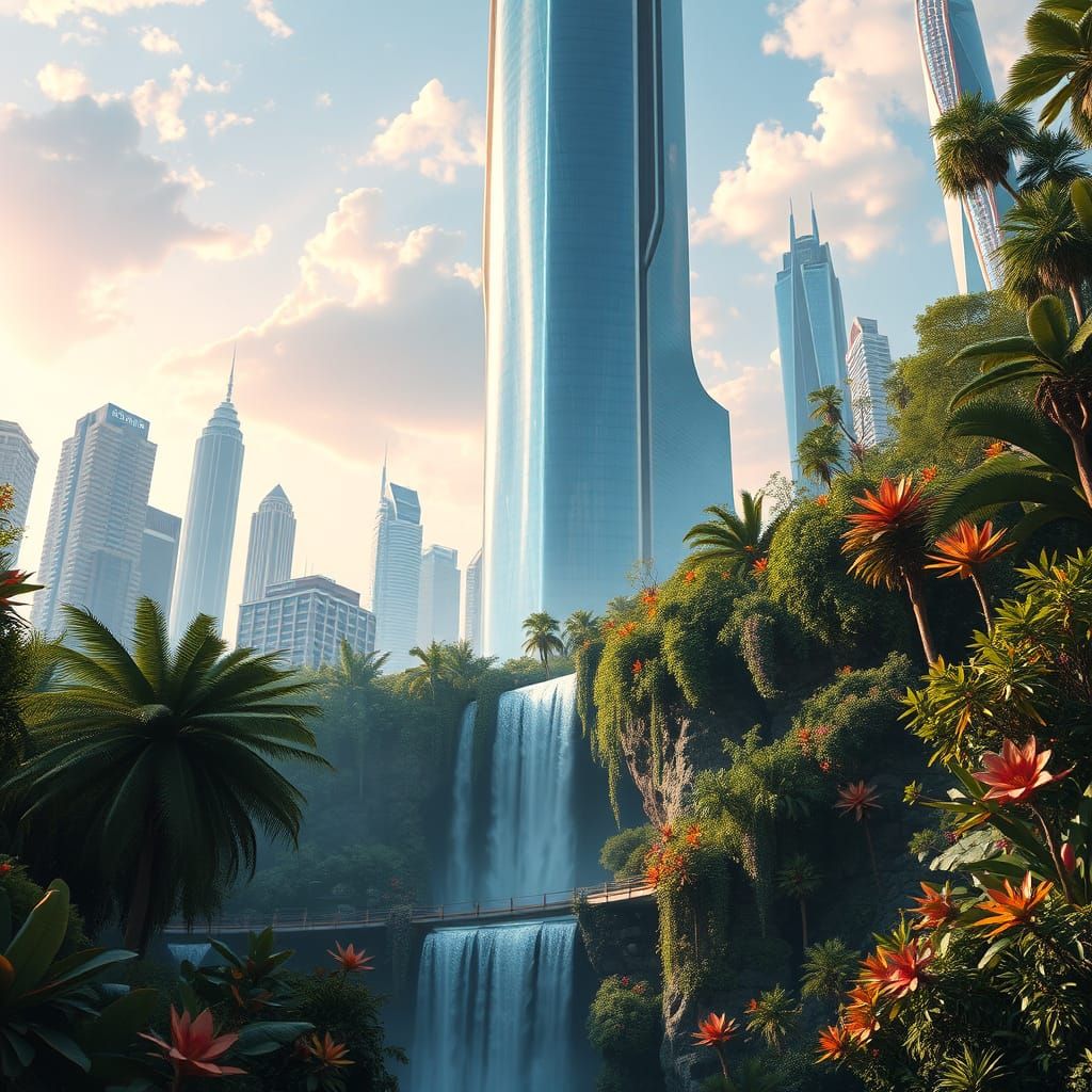Futuristic Metropolis Waterfall with Exotic Flora