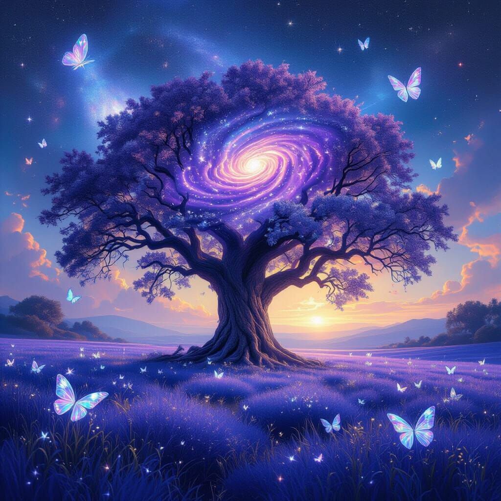 Amethyst Tree Reaching Iridescent Galaxy in Surreal Style
