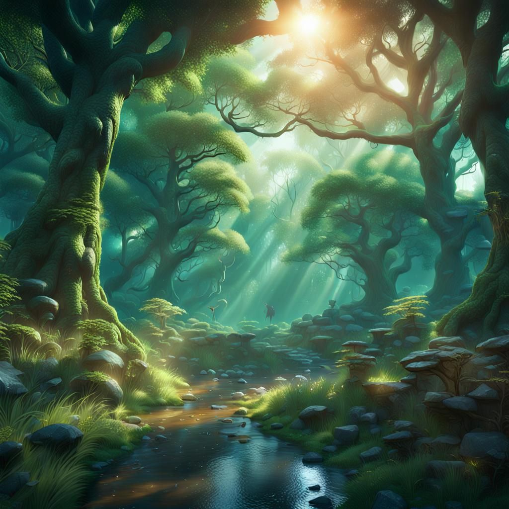 Sunlit Viridian Forest: Detailed Matte Painting