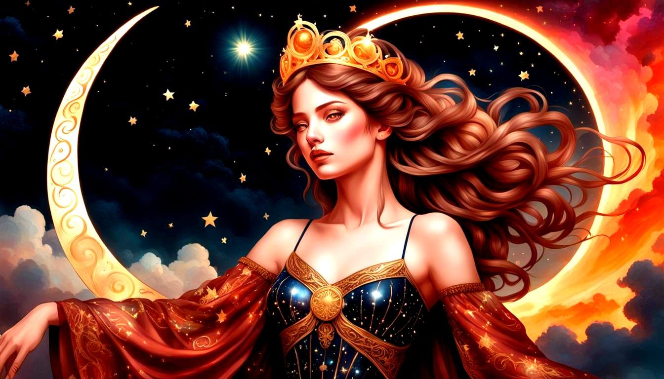 "greek moon goddess selena very beautiful woman with crescen...