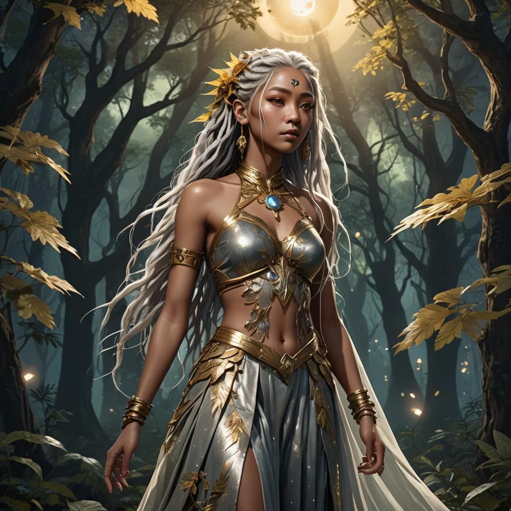Kalashtar Woman in Moonlit Forest: Fantasy Concept Art