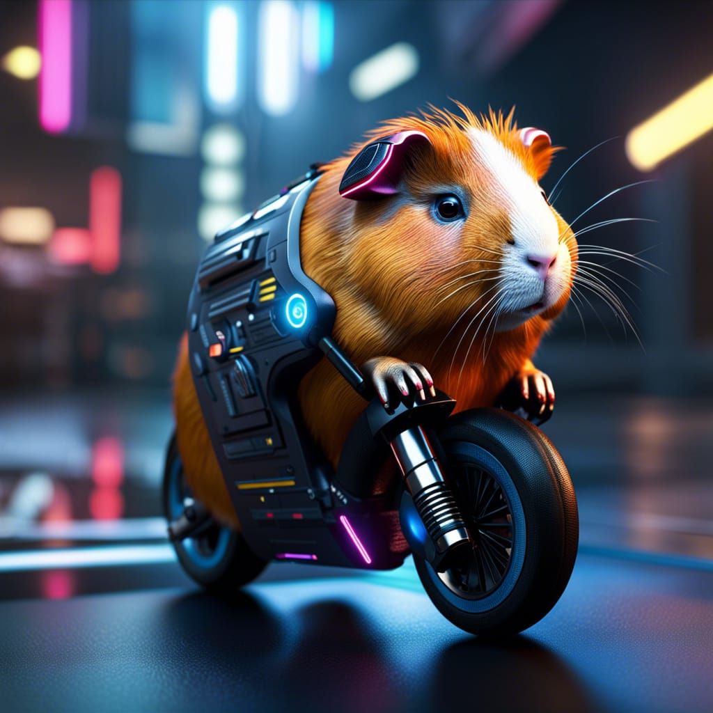 Guinea pig is cyberpunk and riding cyberbike