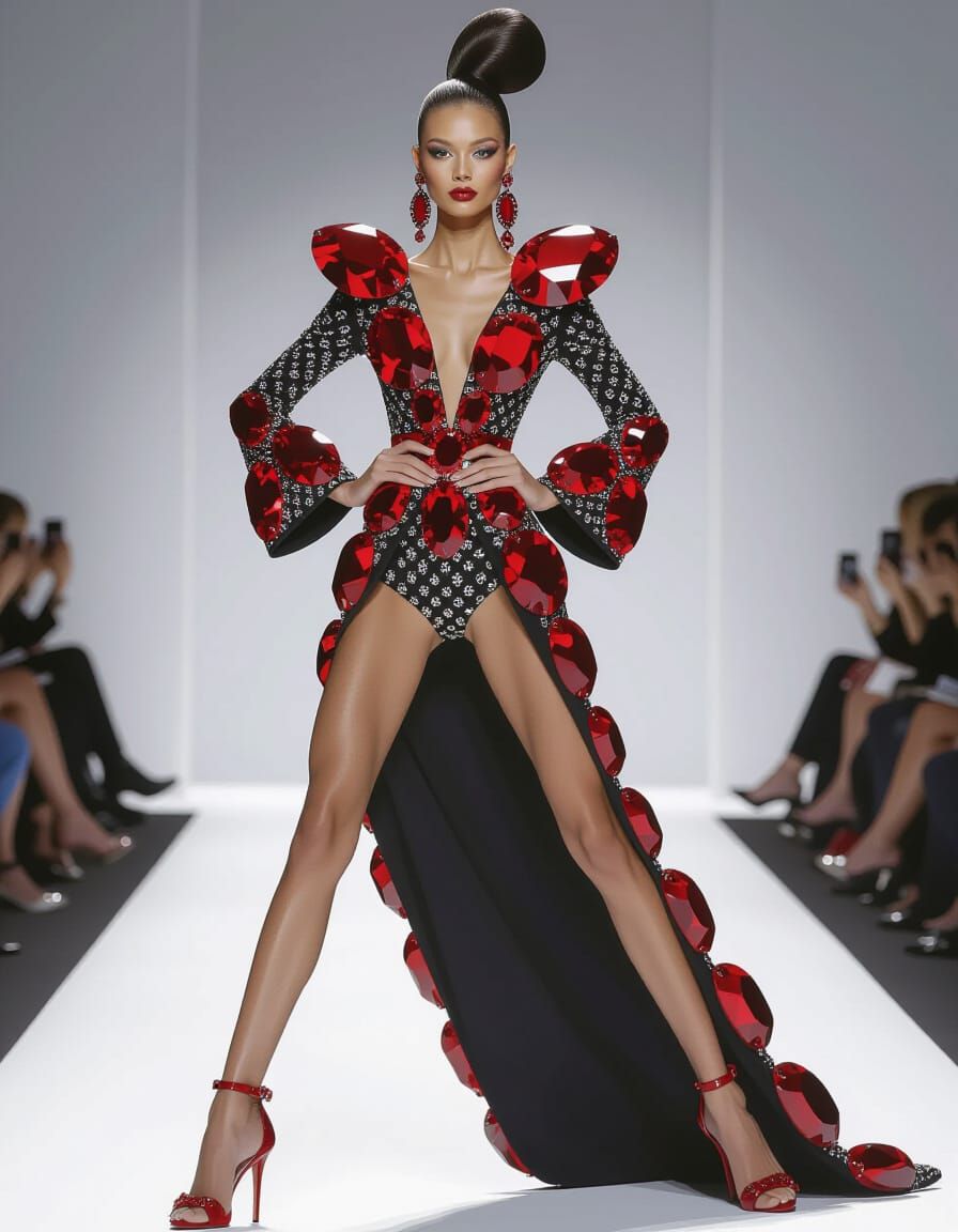 Playful Fashion Model Illustration with Long Legs and Ruby J...